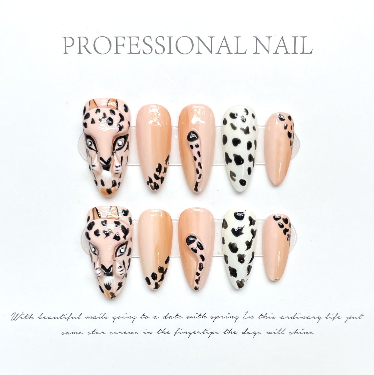 1099 Press-on-nagels in luipaardstijl 100% handgemaakte kunstnagels in nude-kleur