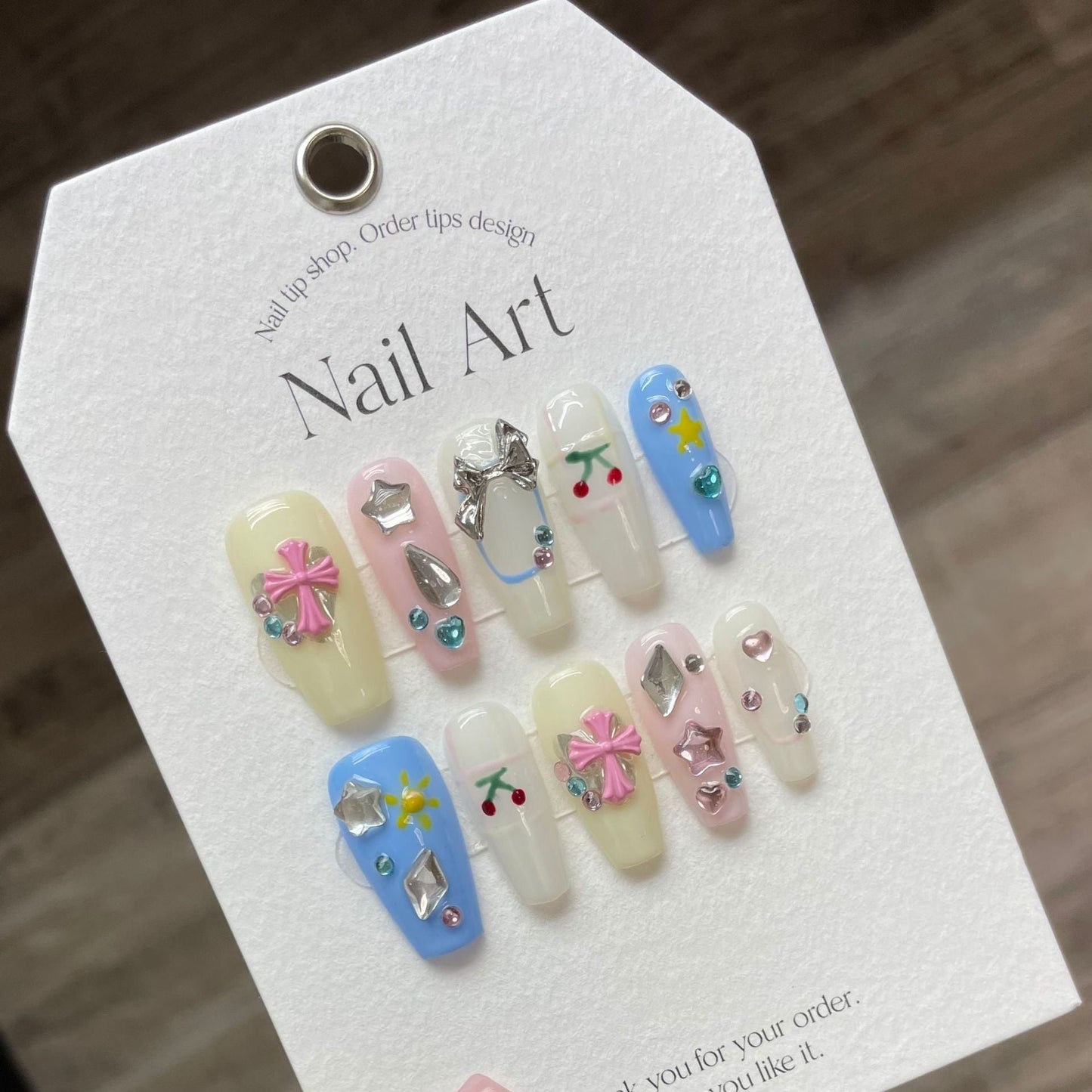 947 Sweet Cherry style press on nails 100% handmade false nails pink white blue