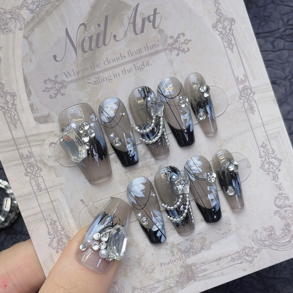 1157 black style press on nails 100% handmade false nailsblack sliver