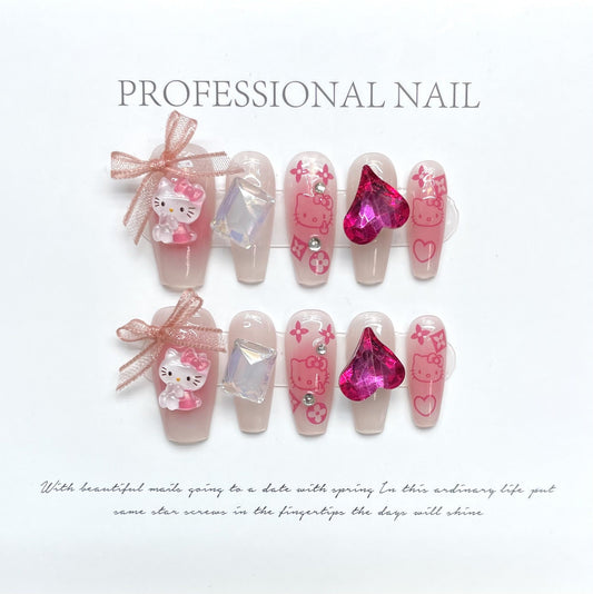 1056/1061 Presse style chat rose sur ongles 100% faux ongles faits main rose