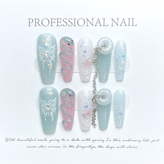 1183 Butterfly snake style press on nails 100% handmade false nails blue white pink