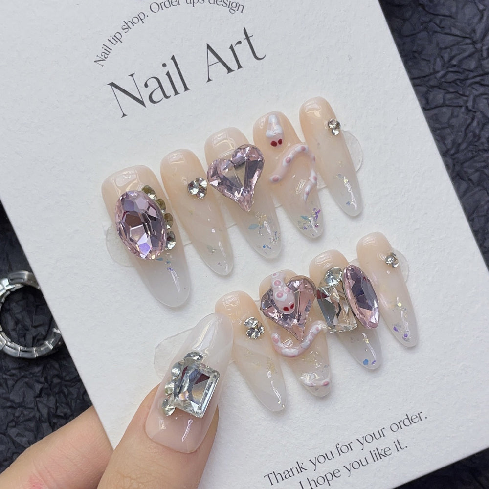 1200 Pink Snake Rhinestone Style press on nails 100% handmade false nails nude color
