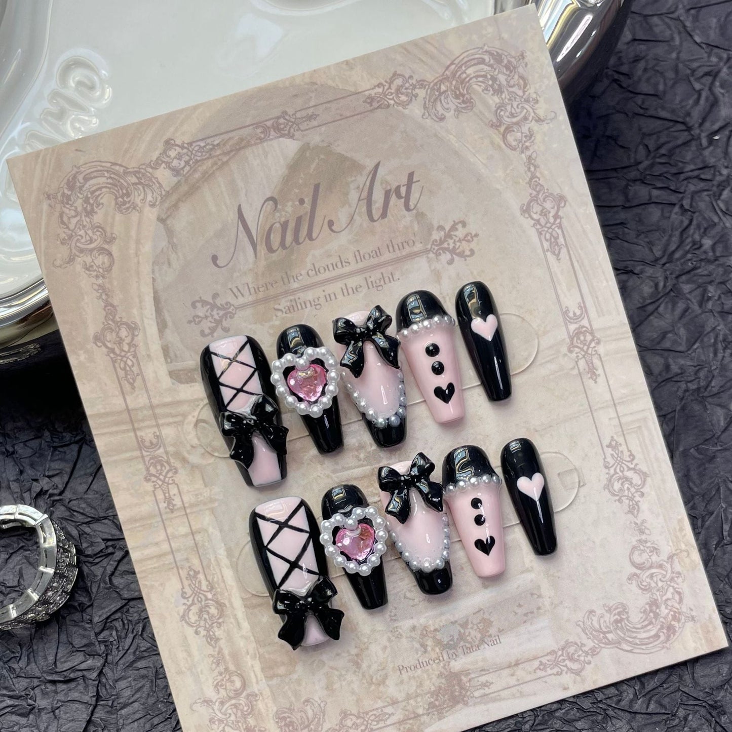1230 Black Pink style press on nails 100% handmade false nails black pink