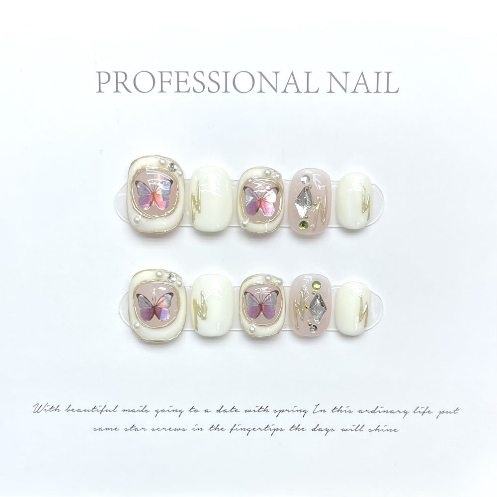 1134 Butterfly style press on nails 100% handmade false nails white