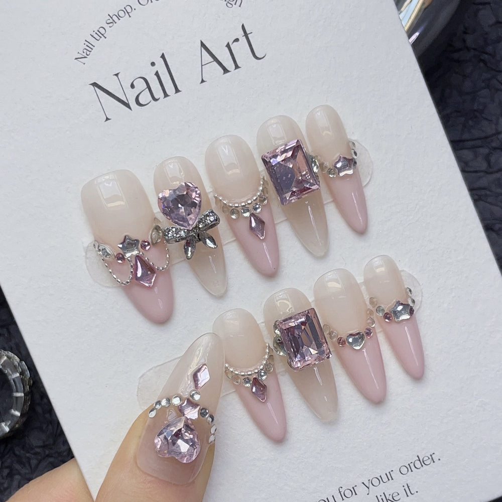 1198 French Rhinestone Style press on nails 100% handmade false nails pink nude color