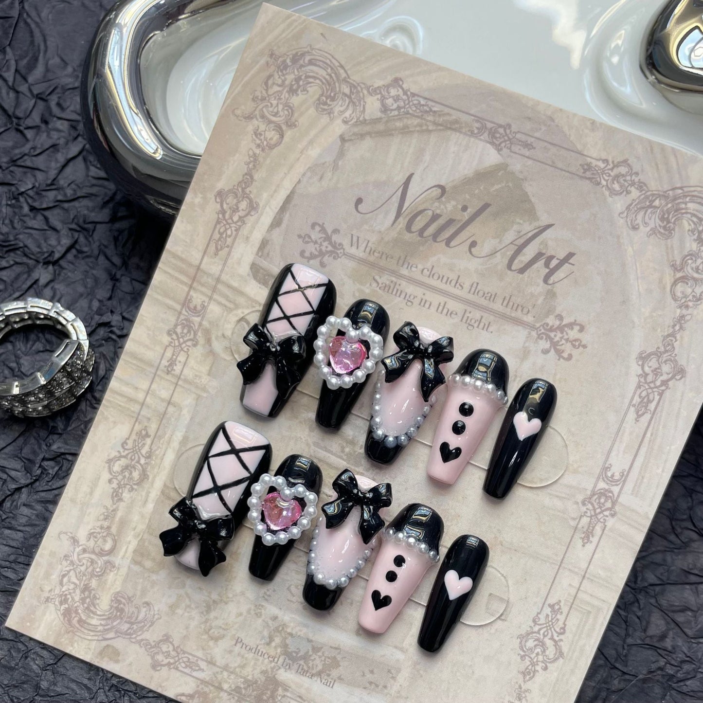 1230 Black Pink style press on nails 100% handmade false nails black pink
