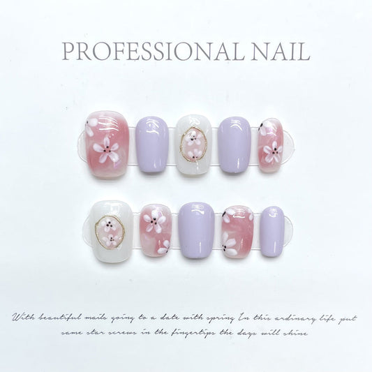 1133 Flower  style press on nails 100% handmade false nails purple pink