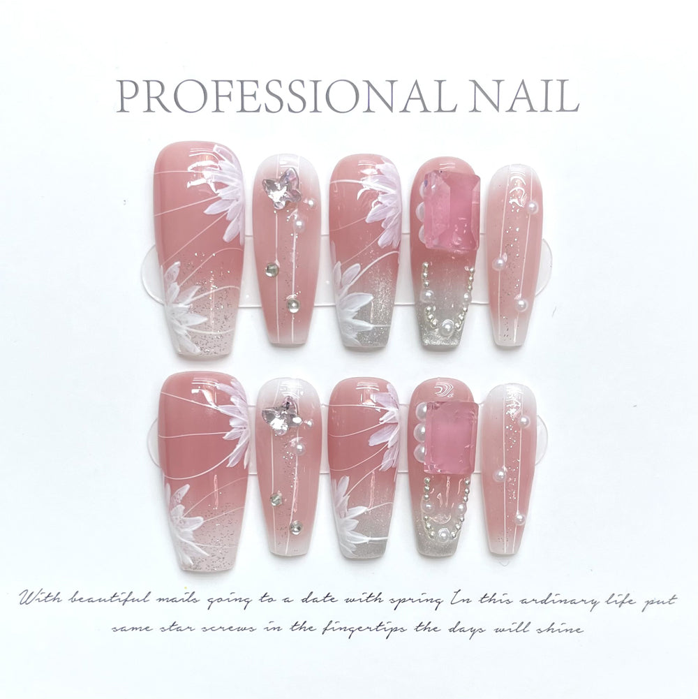 1181 Pink Hand drawn style press on nails 100% handmade false nails pink
