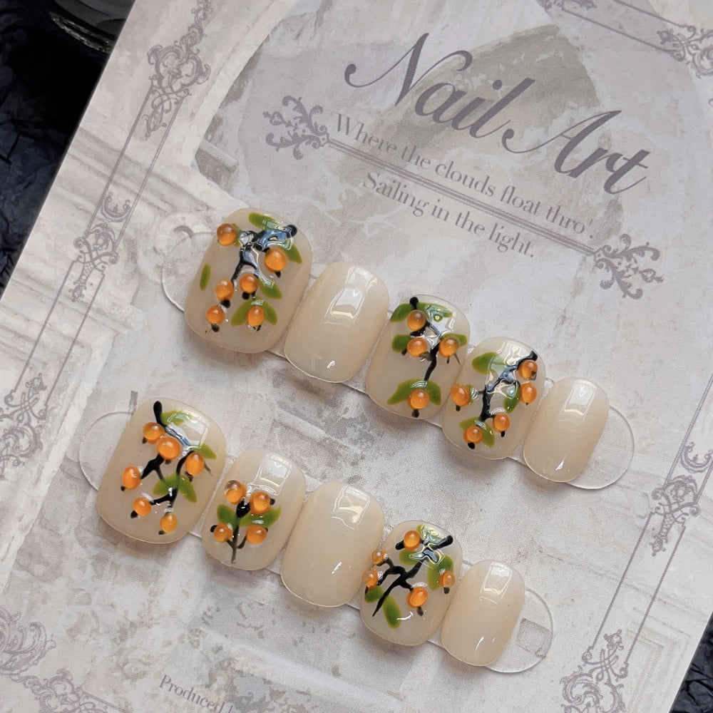 1193 Fruit persimmon  press on nails 100% handmade false nails nude color