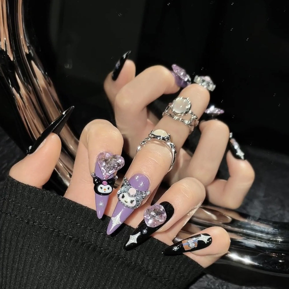 1131 style dessin animé presse sur ongles 100% faux ongles faits à la main violet noir