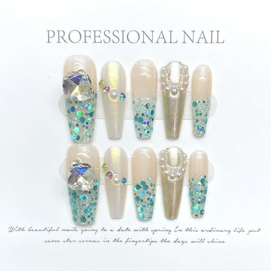 1153 Fairy style press on nagels 100% handgemaakte kunstnagels nude kleur blauw