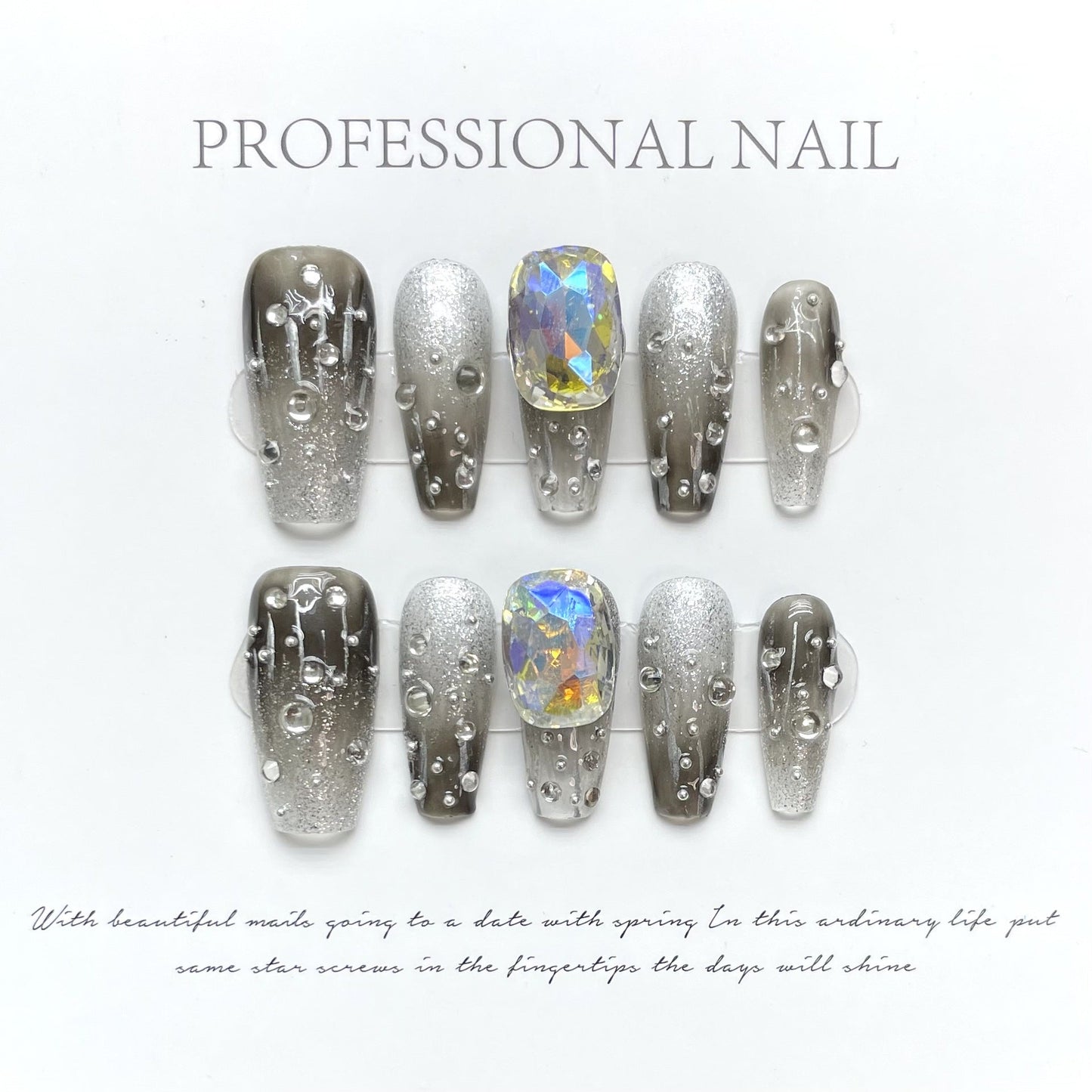 989 black style press on nails 100% handmade false nails sliver gray