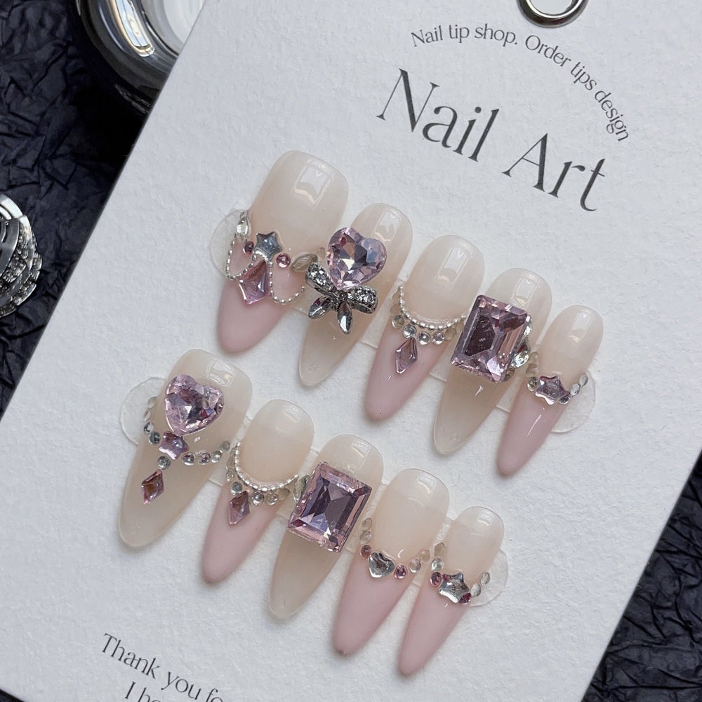 1198 French Rhinestone Style press on nails 100% handmade false nails pink nude color