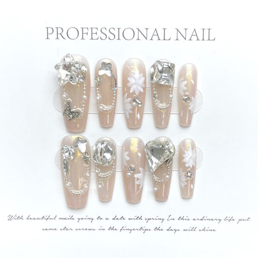 1180 Hand drawn Rhinestone style press on nails 100% handmade false nails nude color