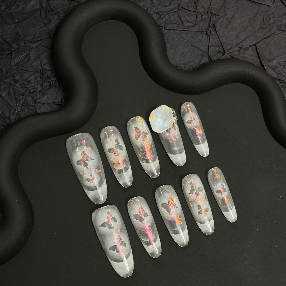 1179 Holle halo-verven vlinderstijl pers op nagels 100% handgemaakte kunstnagels wit