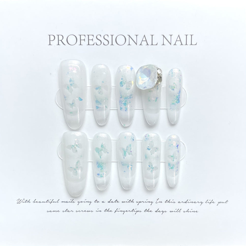 1179 Hollow halo dyeing butterfly style press on nails 100% handmade false nails white