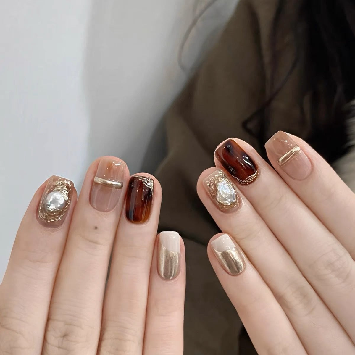 1092 amberkleurige pers op nagels 100% handgemaakte kunstnagels bruin