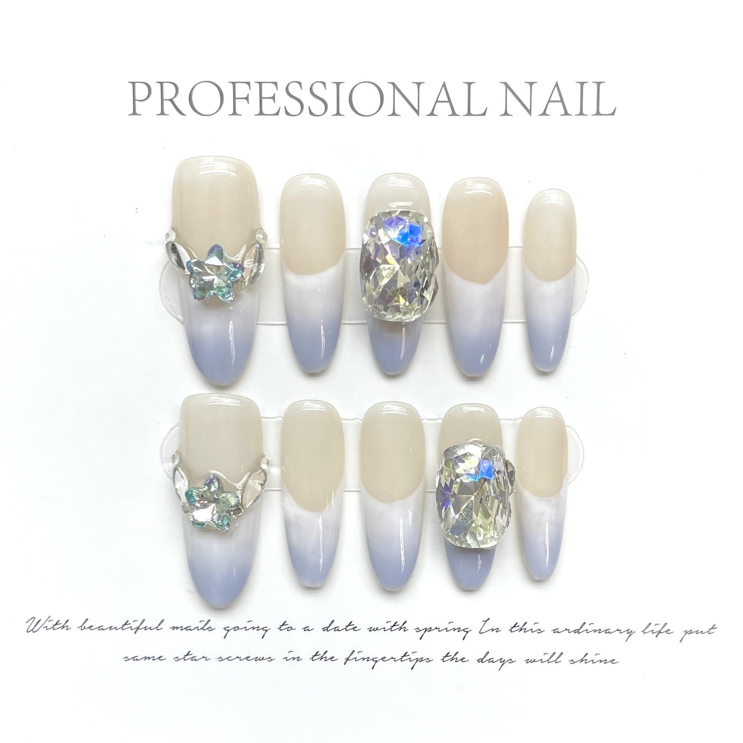 1091 Strass-stijl pers op nagels 100% handgemaakte kunstnagels blauwe nude kleur