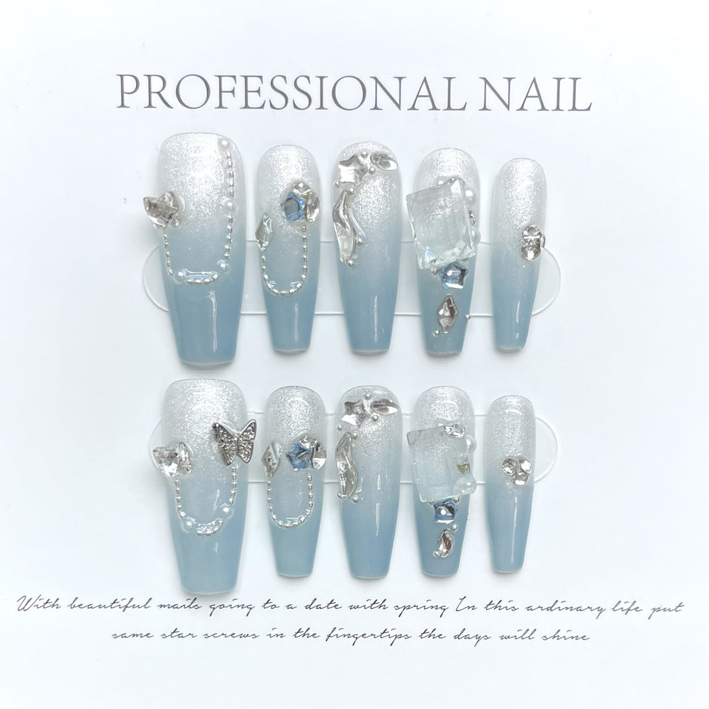 1178 butterfly style press on nails 100% handmade false nails blue sliver
