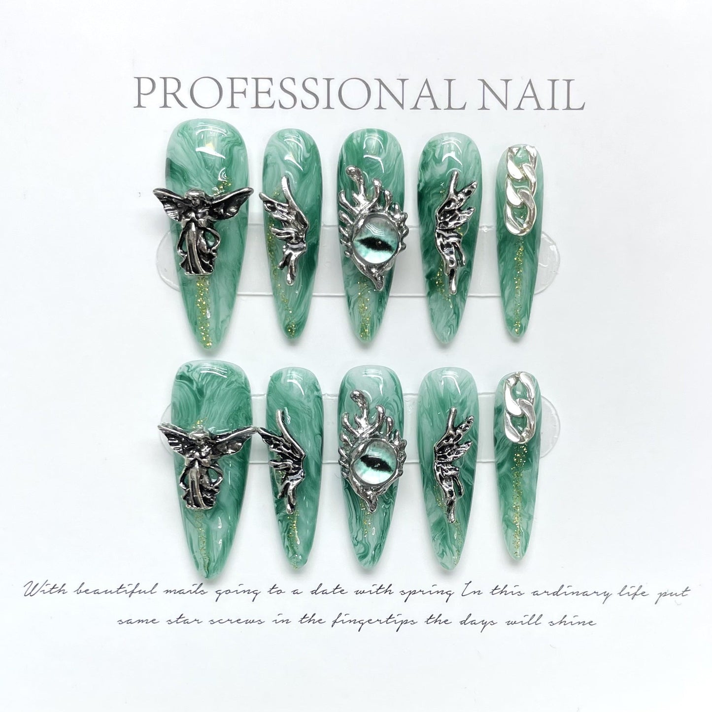 1043 angel eyes style press on nails 100% handmade false nails green