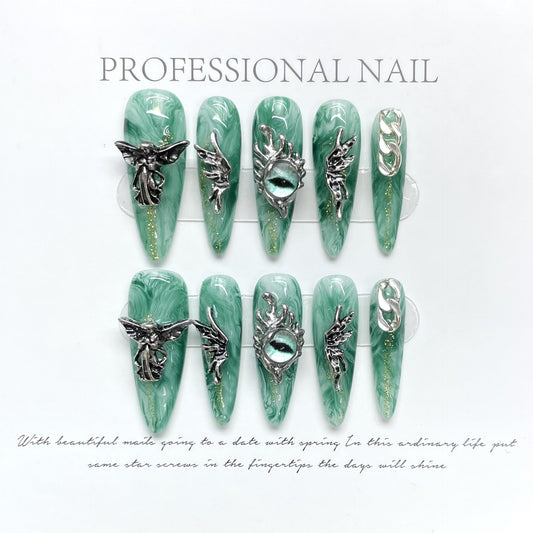 1043 angel eyes style press on nails 100% handmade false nails green