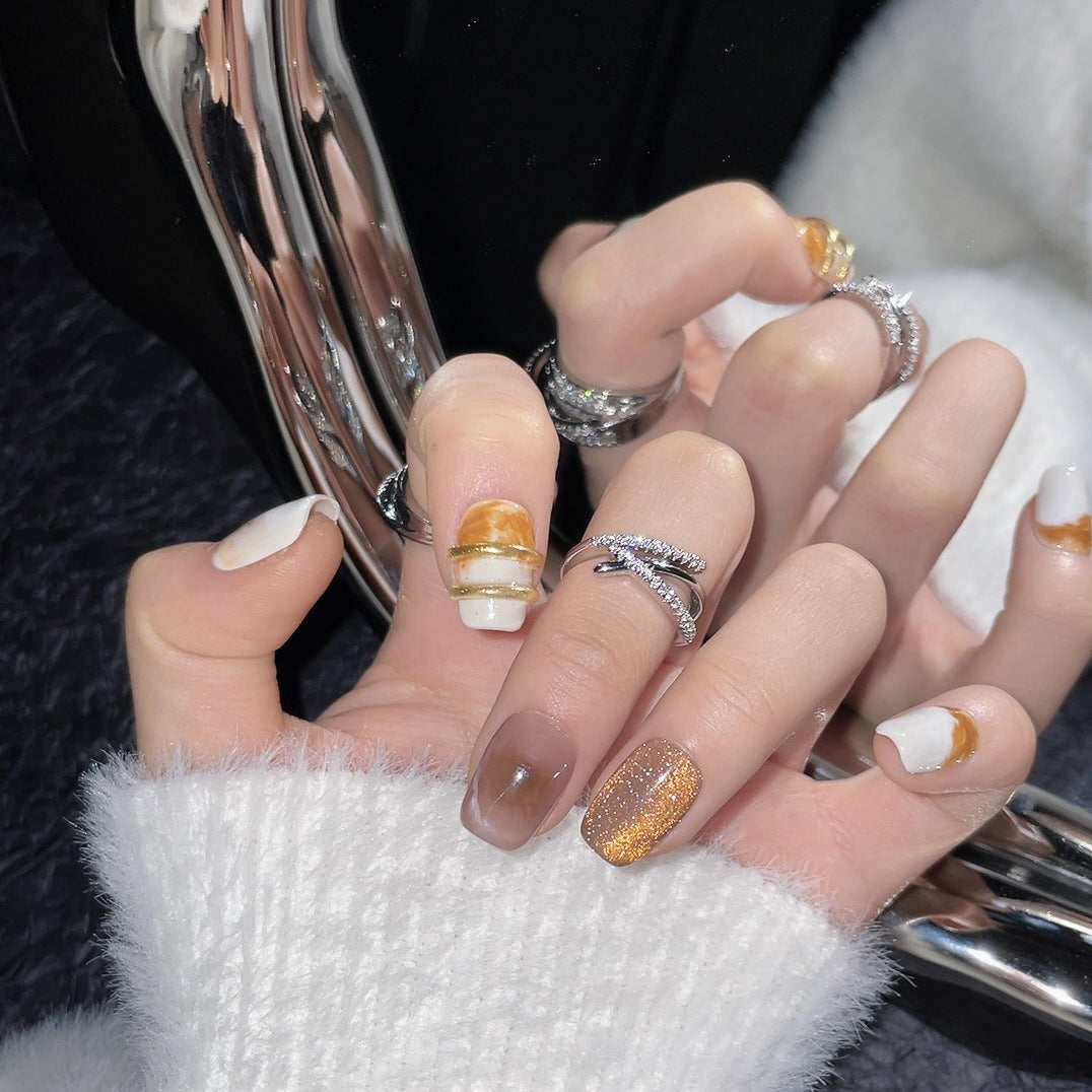 1235 Mocha retro style press on nails 100% handmade false nails white golden
