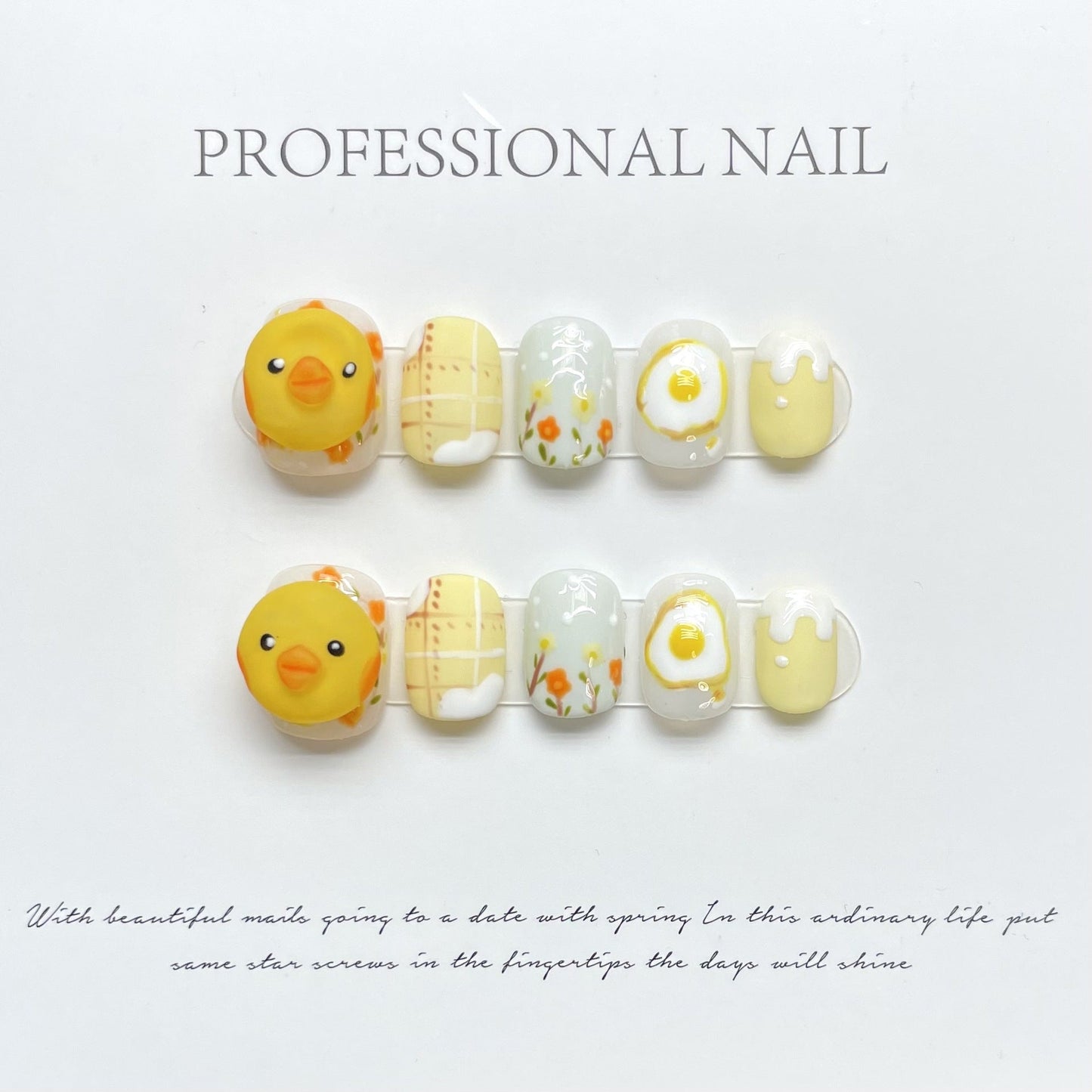 1010 Dierenkuiken-stijl press-on-nagels 100% handgemaakte kunstnagels geel