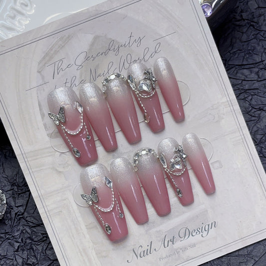 1194 miel pêche Style Cateye effet série ongles presse sur ongles 100% faux ongles faits à la main rose argent