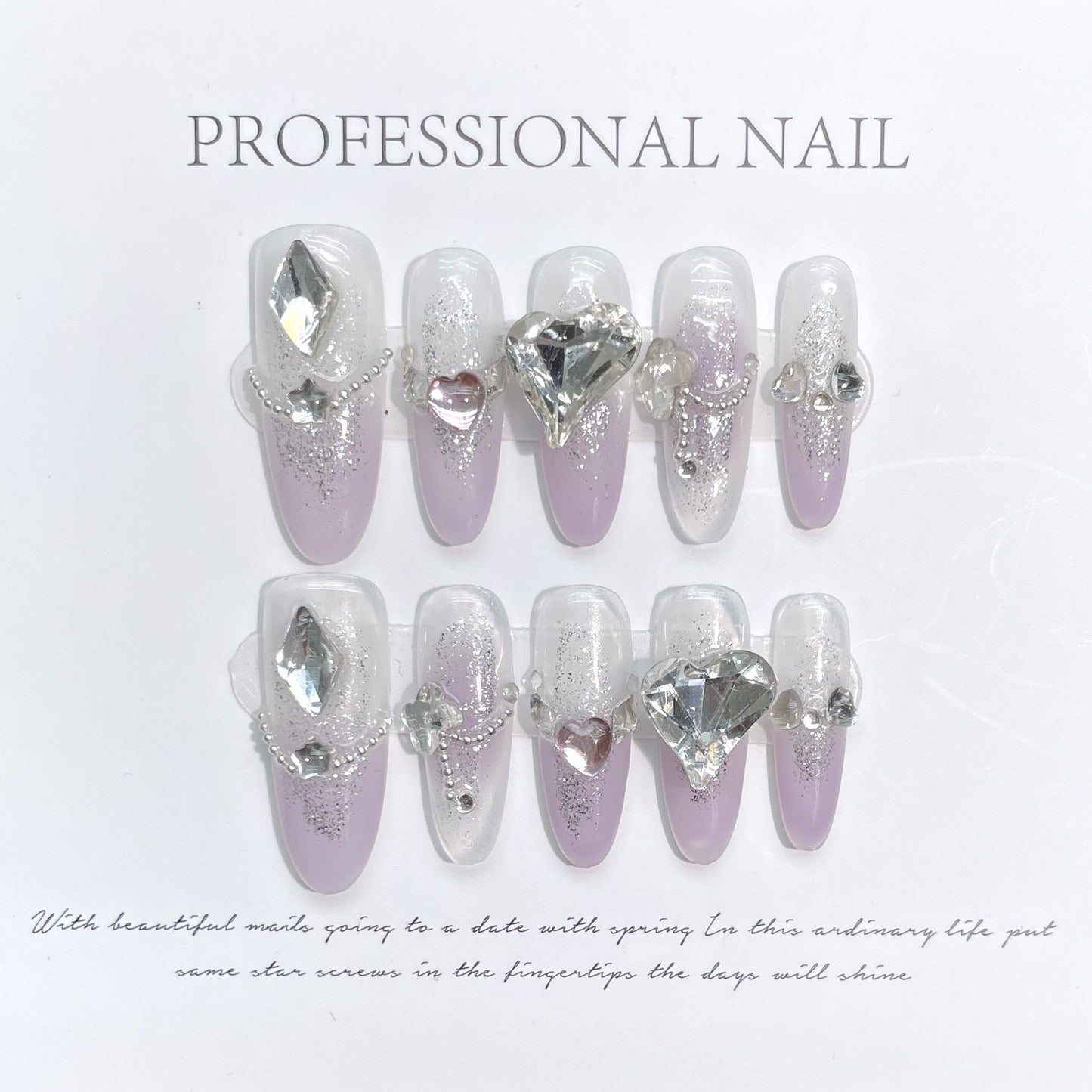 1089 Presse de style strass sur les ongles 100% faux ongles faits à la main violet