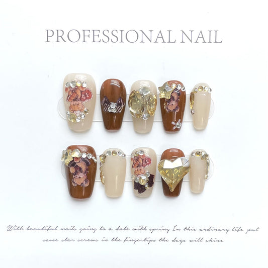 1177 Autumn Bear style press on nails 100% handmade false nails brown