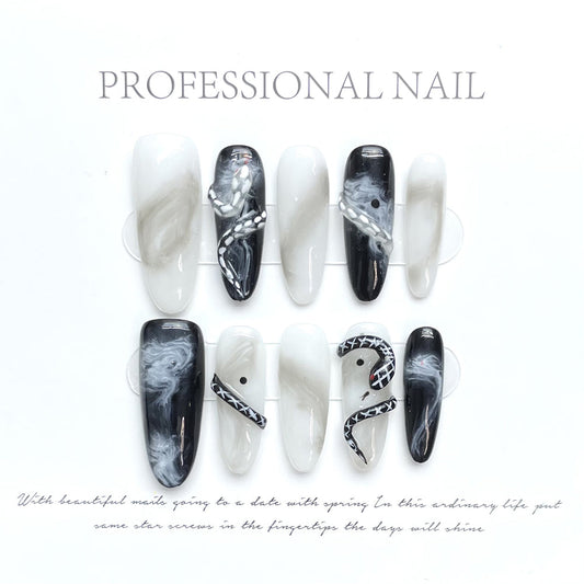 1176 Snake style press on nails 100% handmade false nails white black