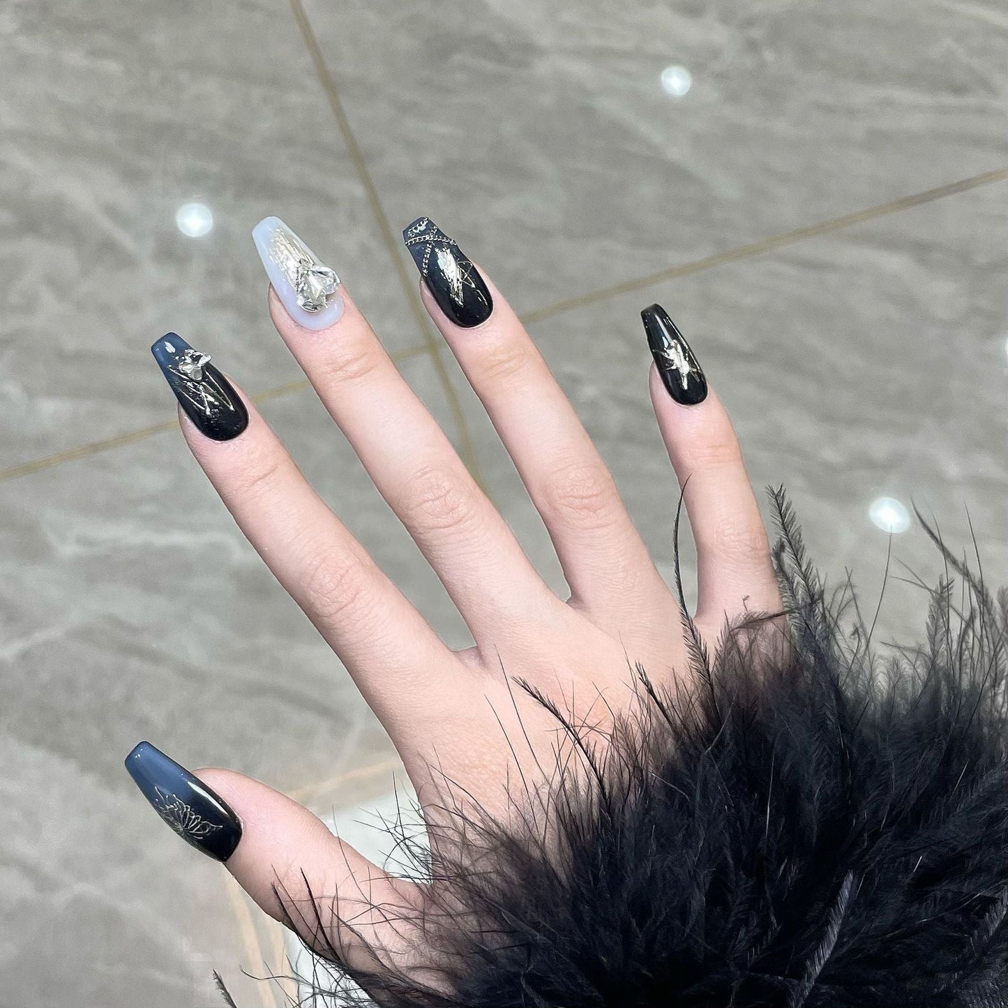 1087 butterfly style press on nails 100% handmade false nails black sliver