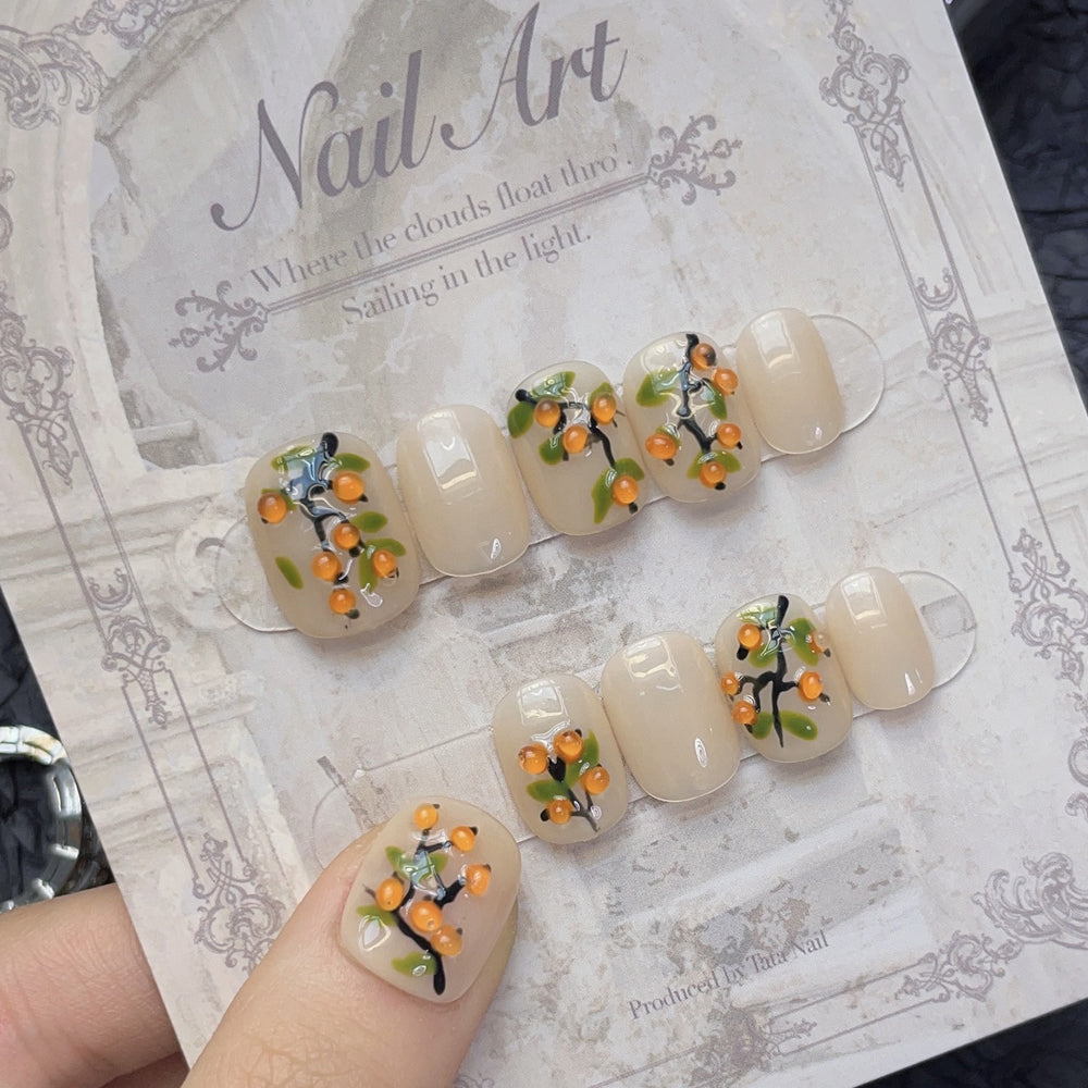 1193 Fruit persimmon  press on nails 100% handmade false nails nude color