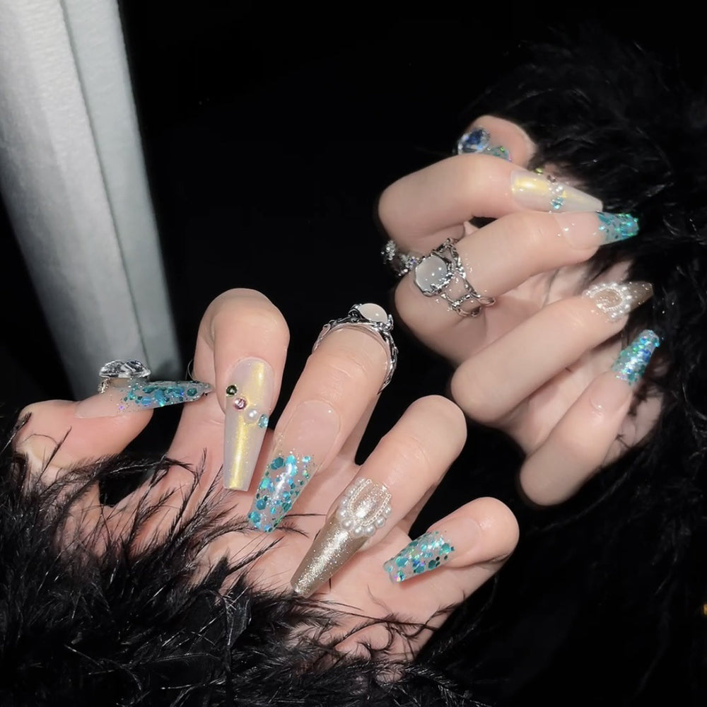 1153 Fairy style press on nails 100% handmade false nails nude color blue