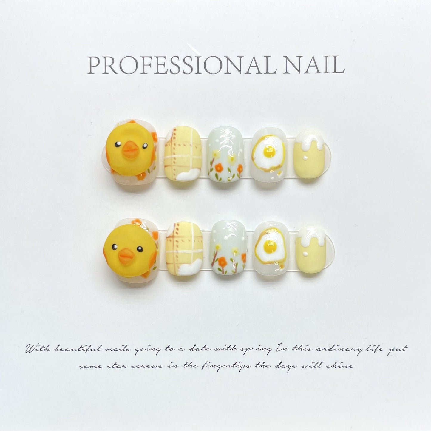 1010 Dierenkuiken-stijl press-on-nagels 100% handgemaakte kunstnagels geel