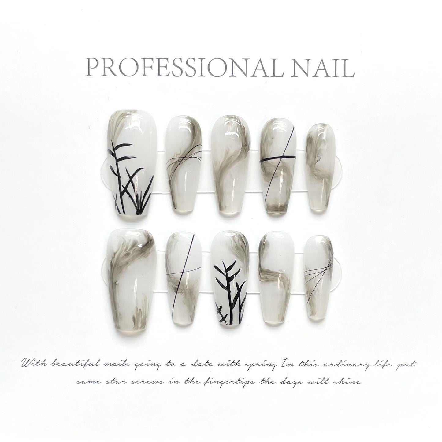 988 Chinese style press on nails 100% handmade false nails gray white