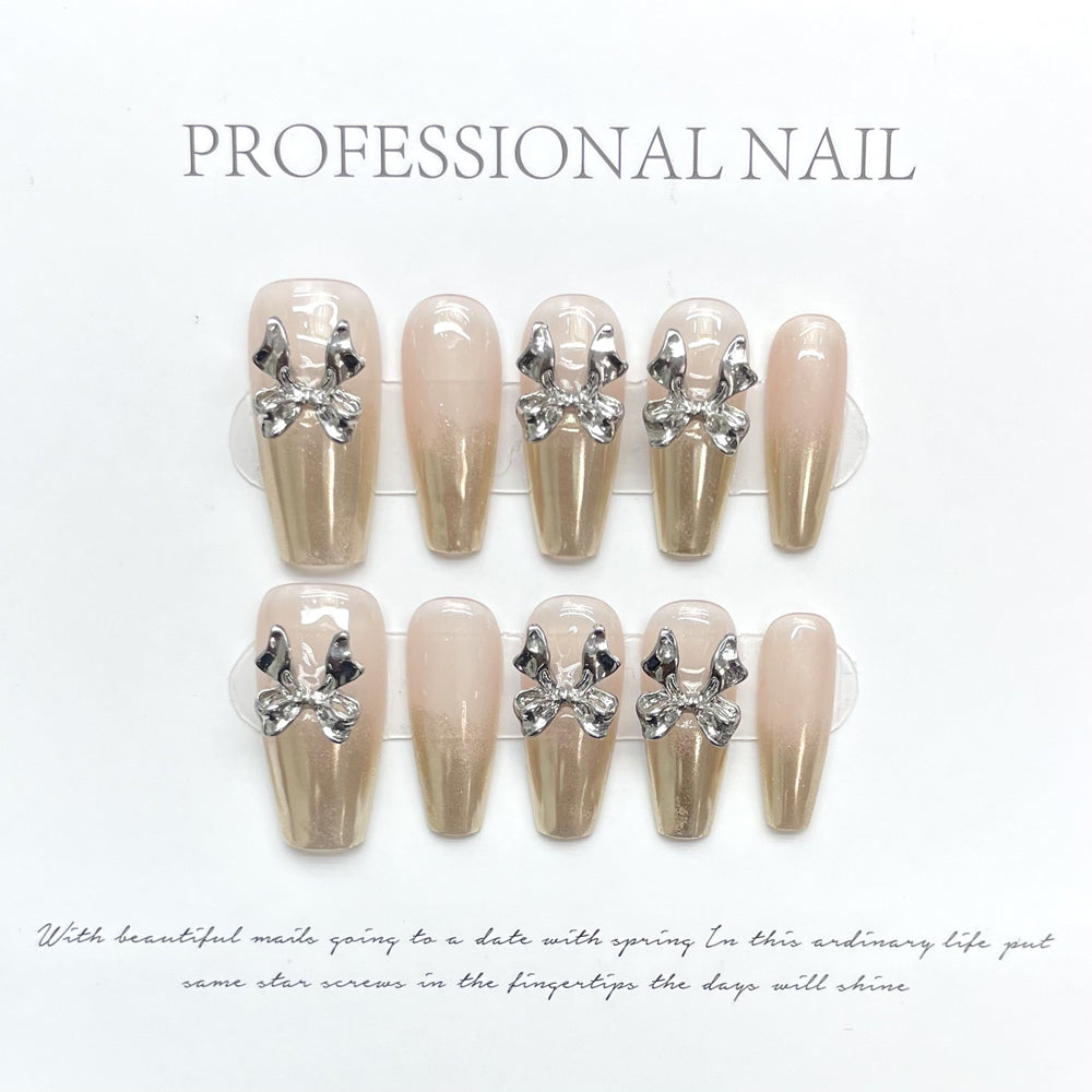 1129 Bow style press on nails 100% handmade false nails nude color