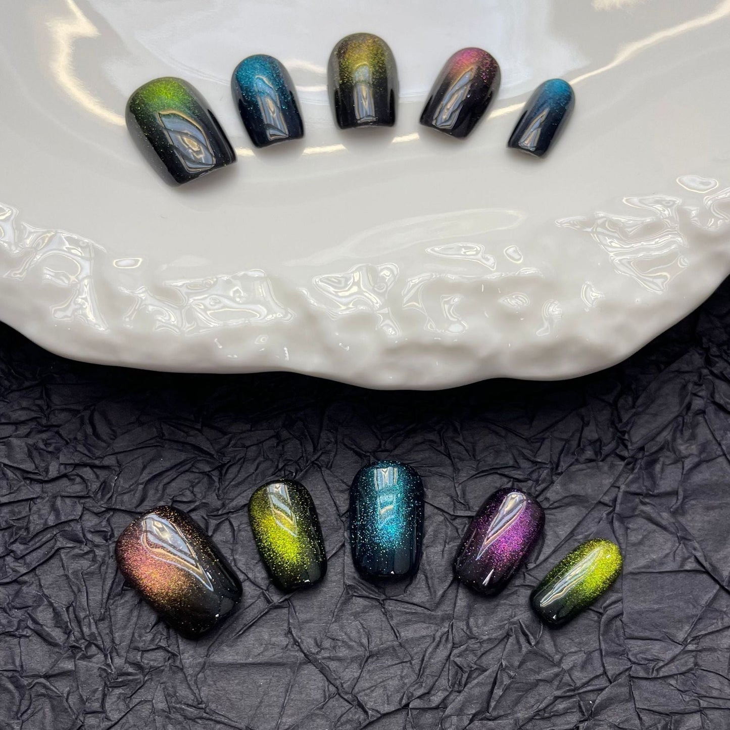 894 Gemengd Volgspot CatEye Effect press-on-nagels 100% handgemaakte kunstnagels gemengde kleur