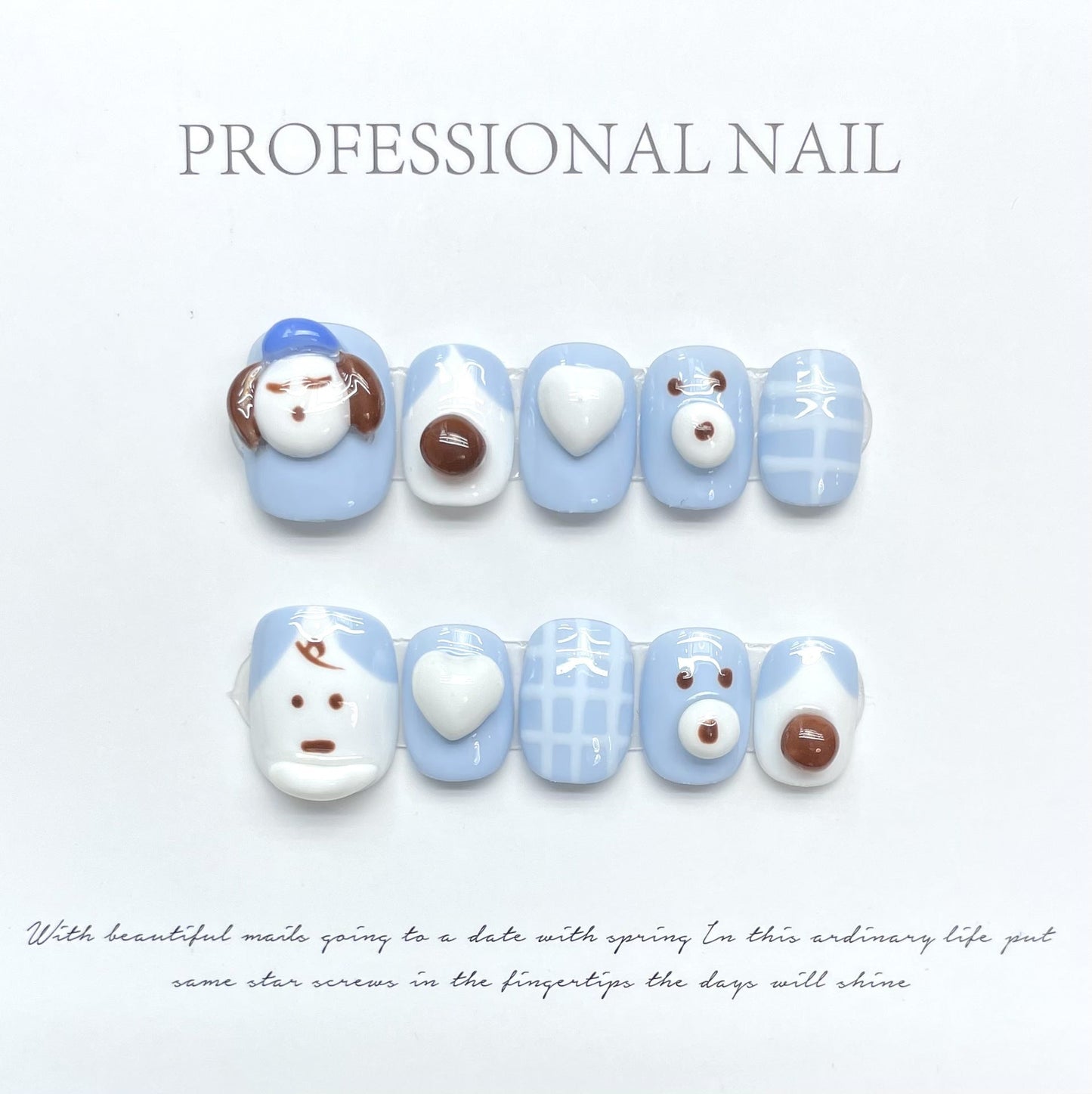 1082 Melancholic puppy style press on nails 100% handmade false nails blue