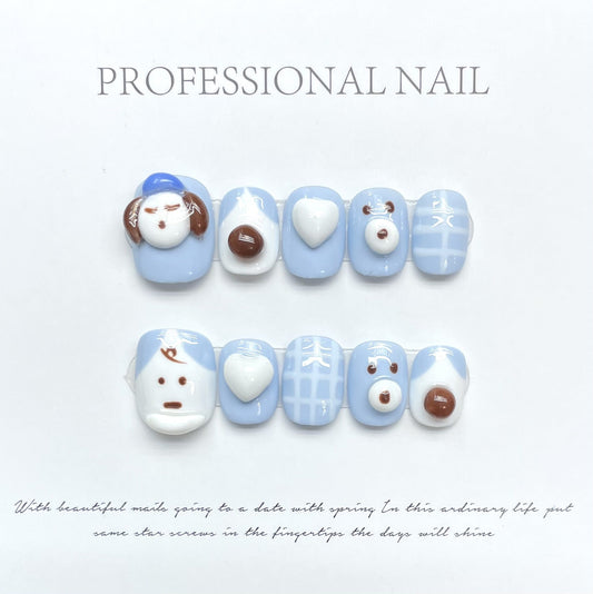 1082 Melancholische puppystijl press-on-nagels 100% handgemaakte kunstnagels blauw