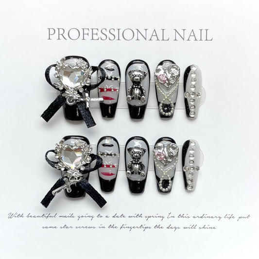 1039 press-on-nagels in court-stijl 100% handgemaakte kunstnagels zwart zilver