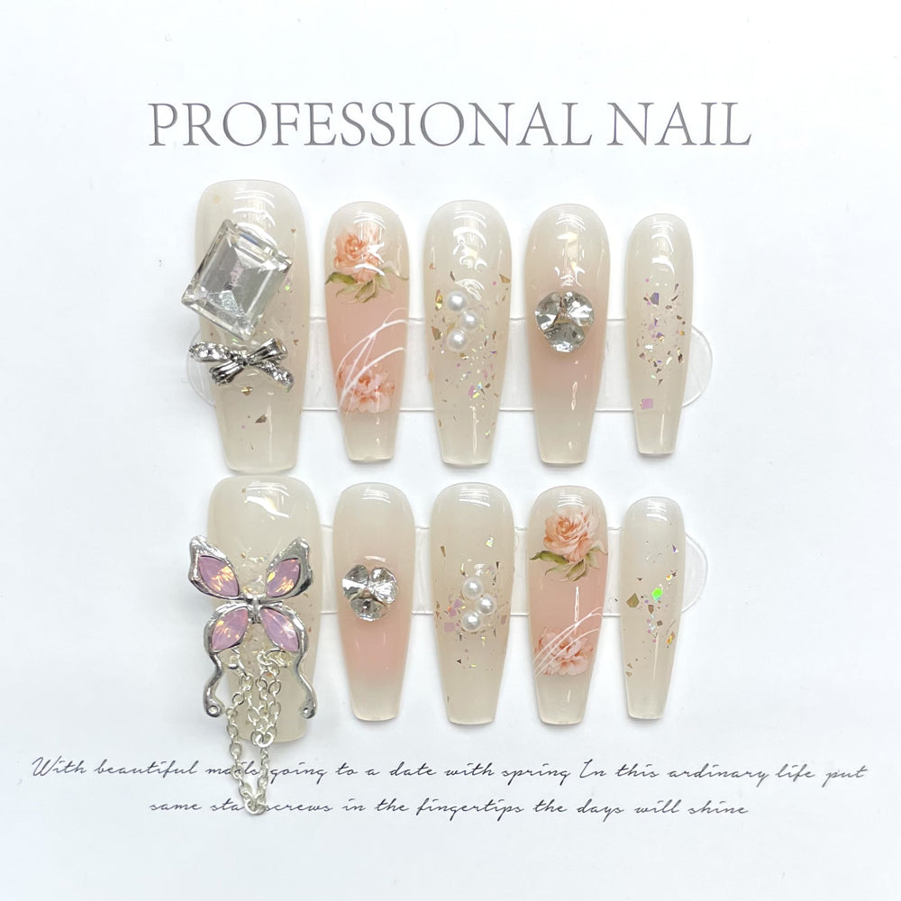 1151 Butterfly style press on nails 100% handmade false nails nude color
