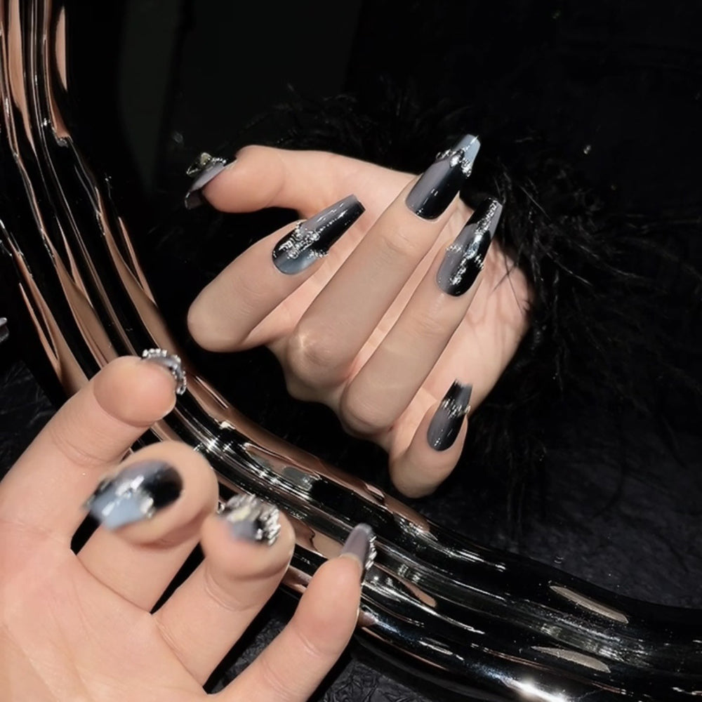 1172 Black smudge style press on nails 100% handmade false nails black
