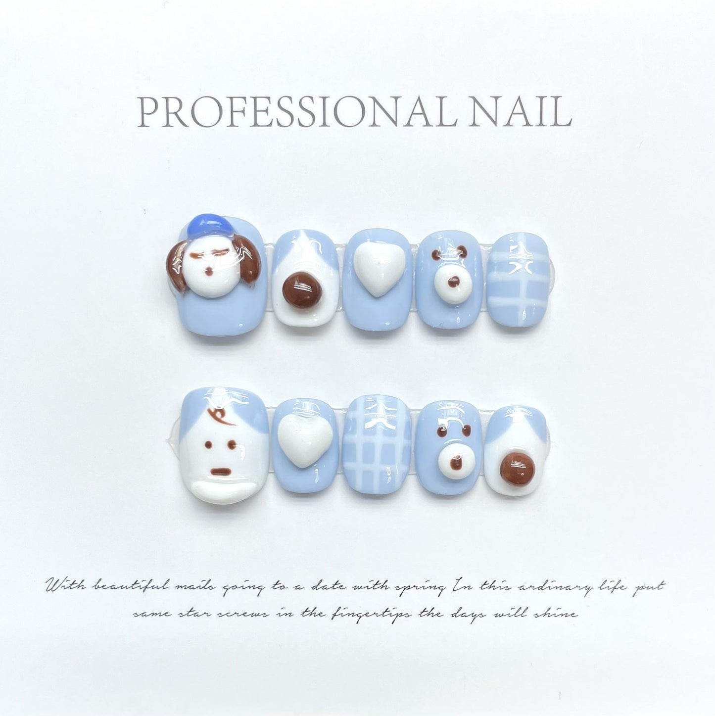 1082 Melancholic puppy style press on nails 100% handmade false nails blue