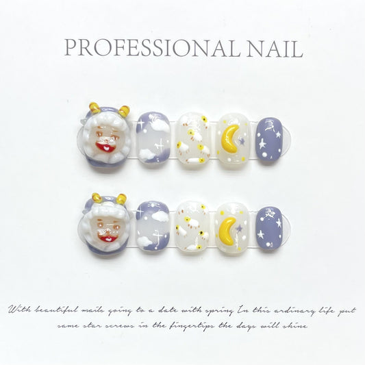 1008 Animal sheep style press on nails 100% handmade false nails blue