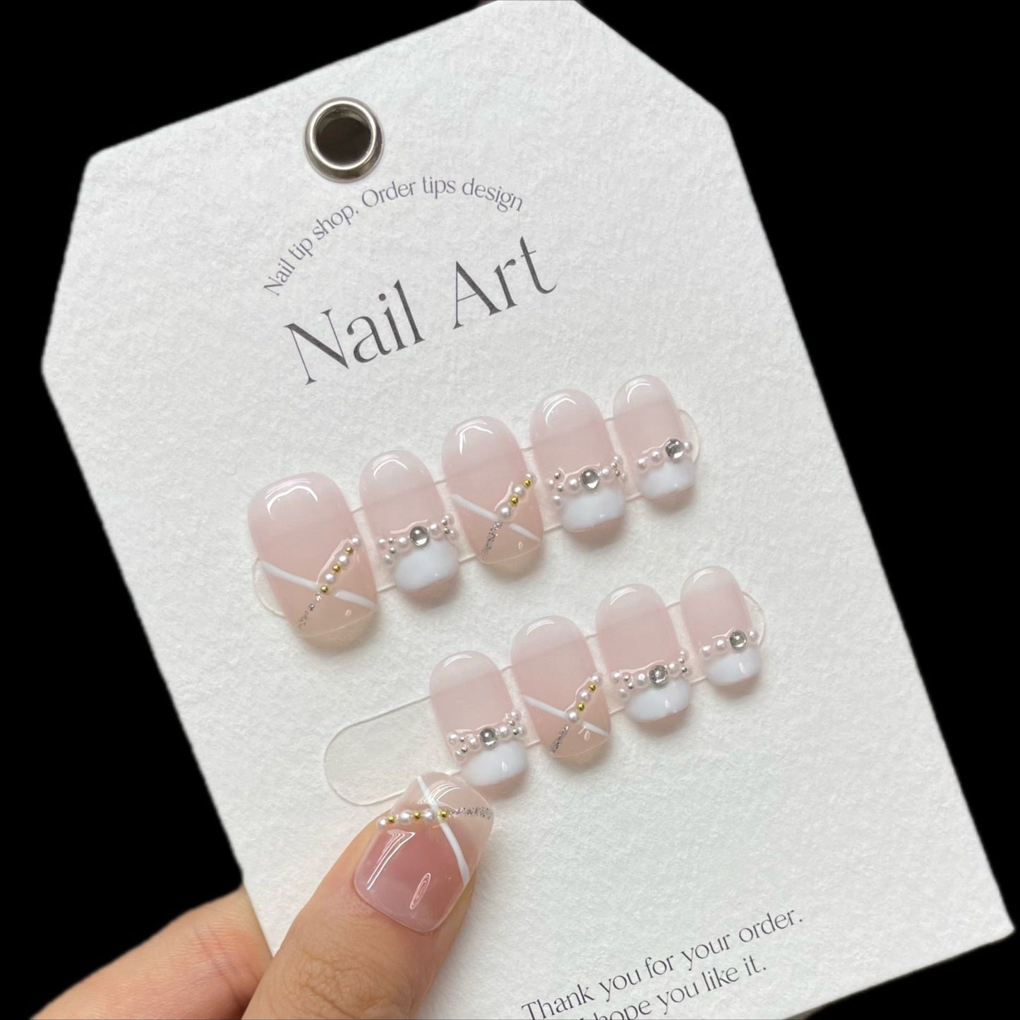 987 Gentle French style press on nails 100% handmade false nails white pink nude color