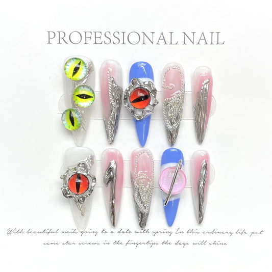 1029 Press-on-nagels in Europese en Amerikaanse stijl 100% handgemaakte kunstnagels roze blauw