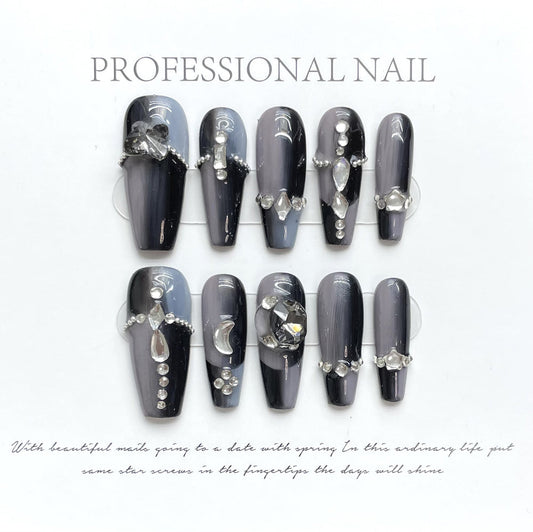 1172 Black smudge style press on nails 100% handmade false nails black