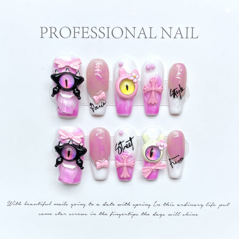 1125 Pink eye style press on nails 100% handmade false nails pink