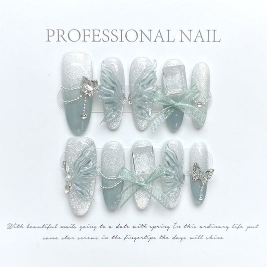 1175 Press-on-nagels in vlinderstijl 100% handgemaakte kunstnagels zilverblauw